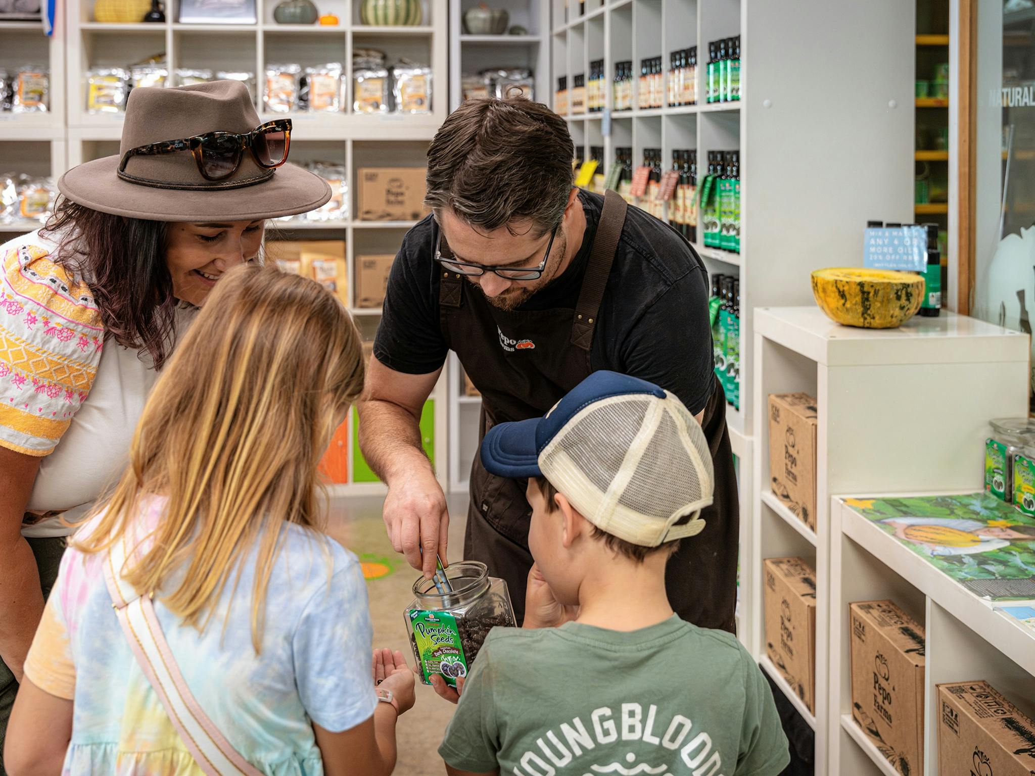 Pepo Farms family tasting chocolate coated pumpkin seeds