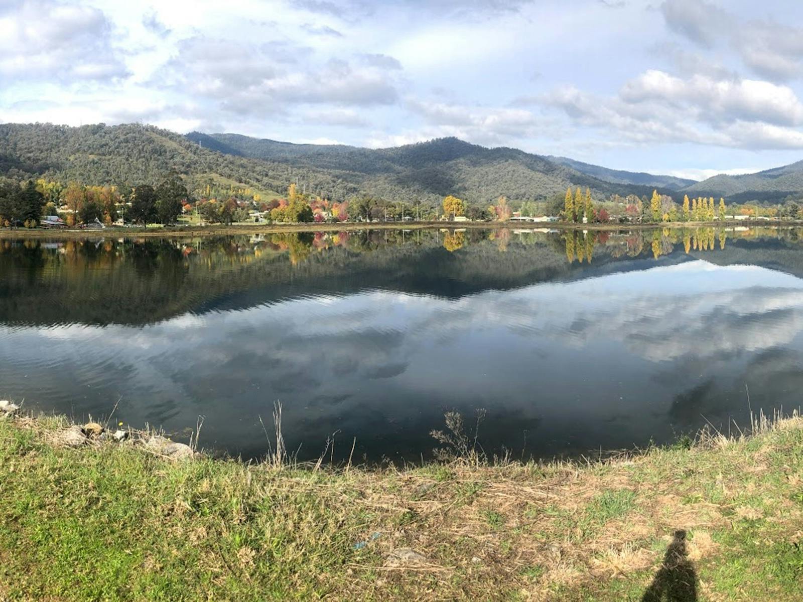 Panoramic shot of a lake with mountains and trees in the background