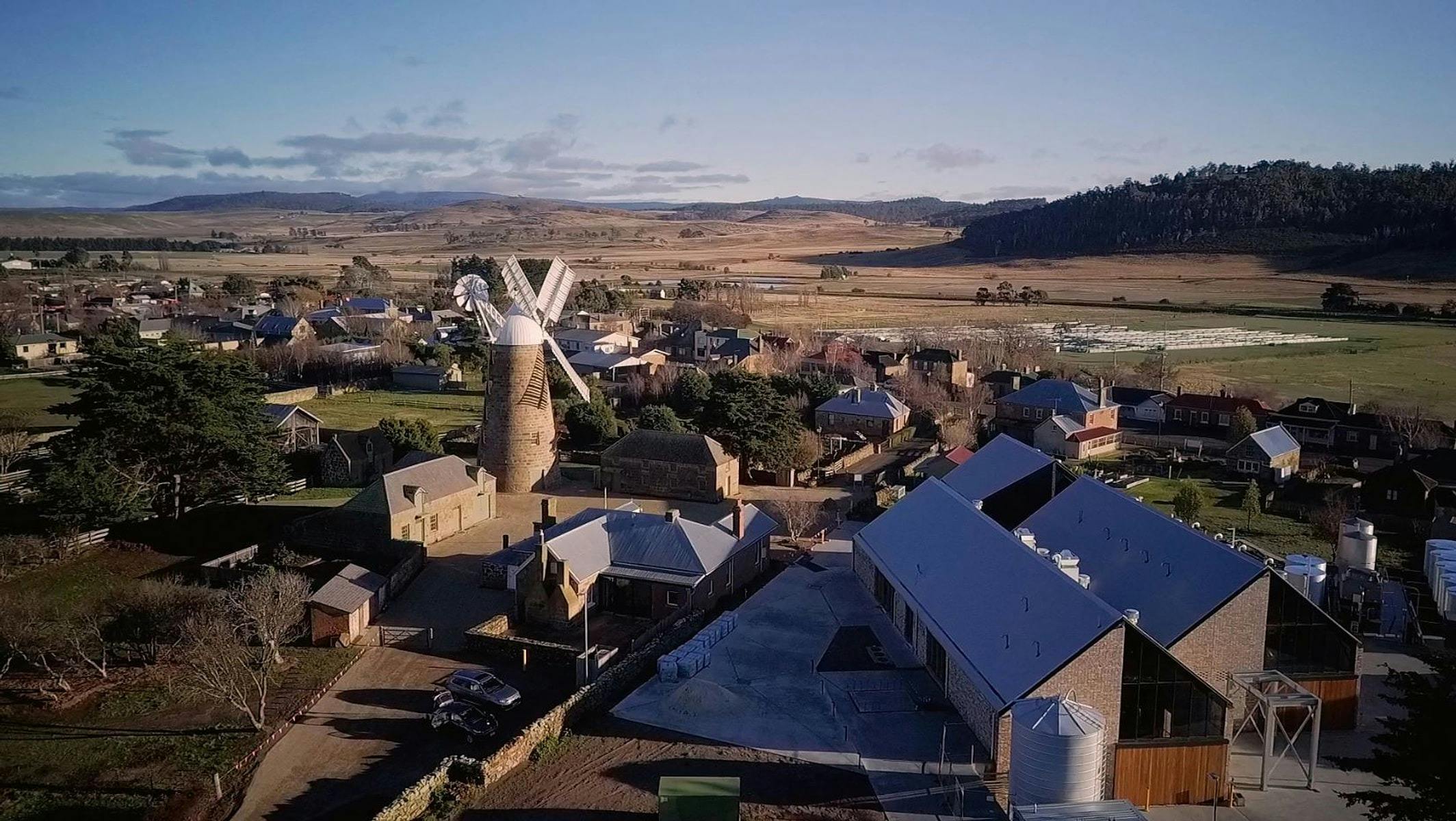 Aerial view of the restored 1837 Callington Mill in Oatlands, Tasmania