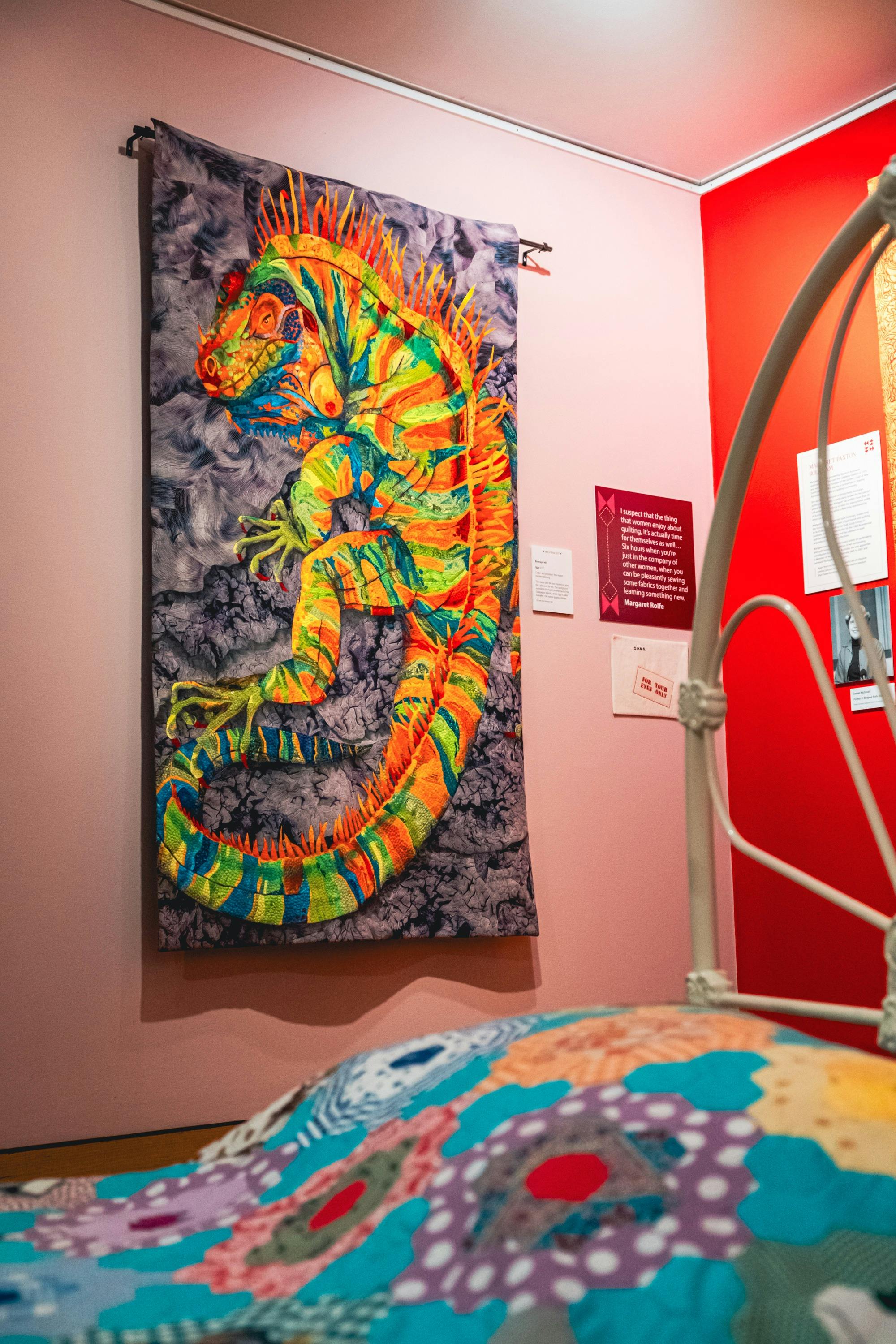 Iggy quilt by Bronwyn Hill. Bright iguana quilt with colourful embroidery and patchwork