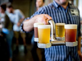 Person holding a tray of beer