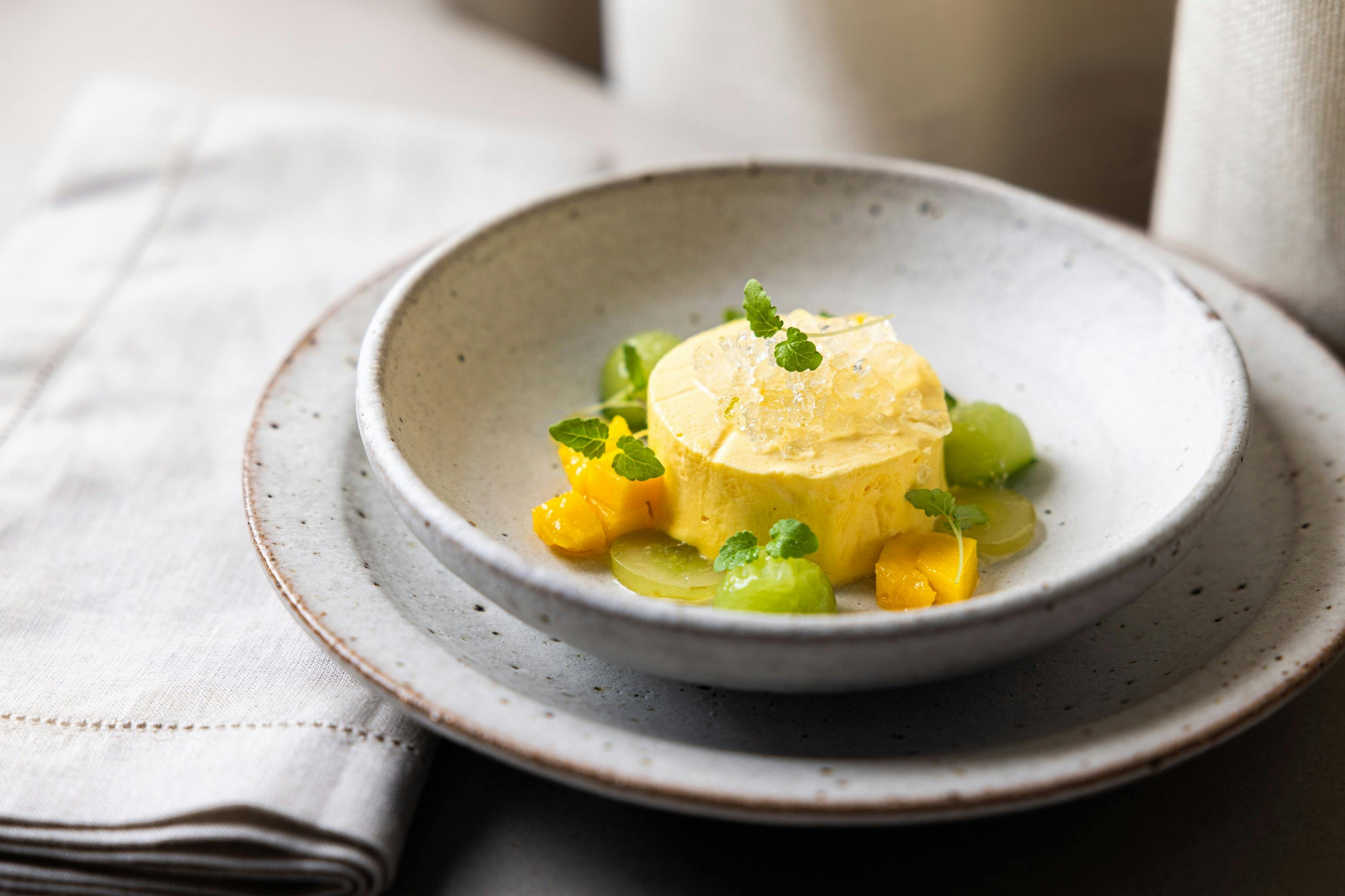 Mango Parfait, Elderflower Granita, Cucumber, Grape