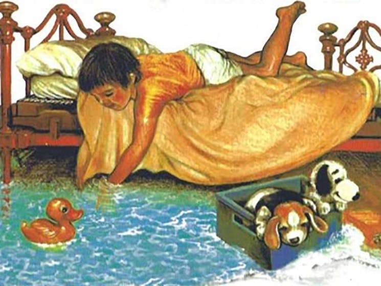 An illustration of a boy in his bedroom and there is a sea in there