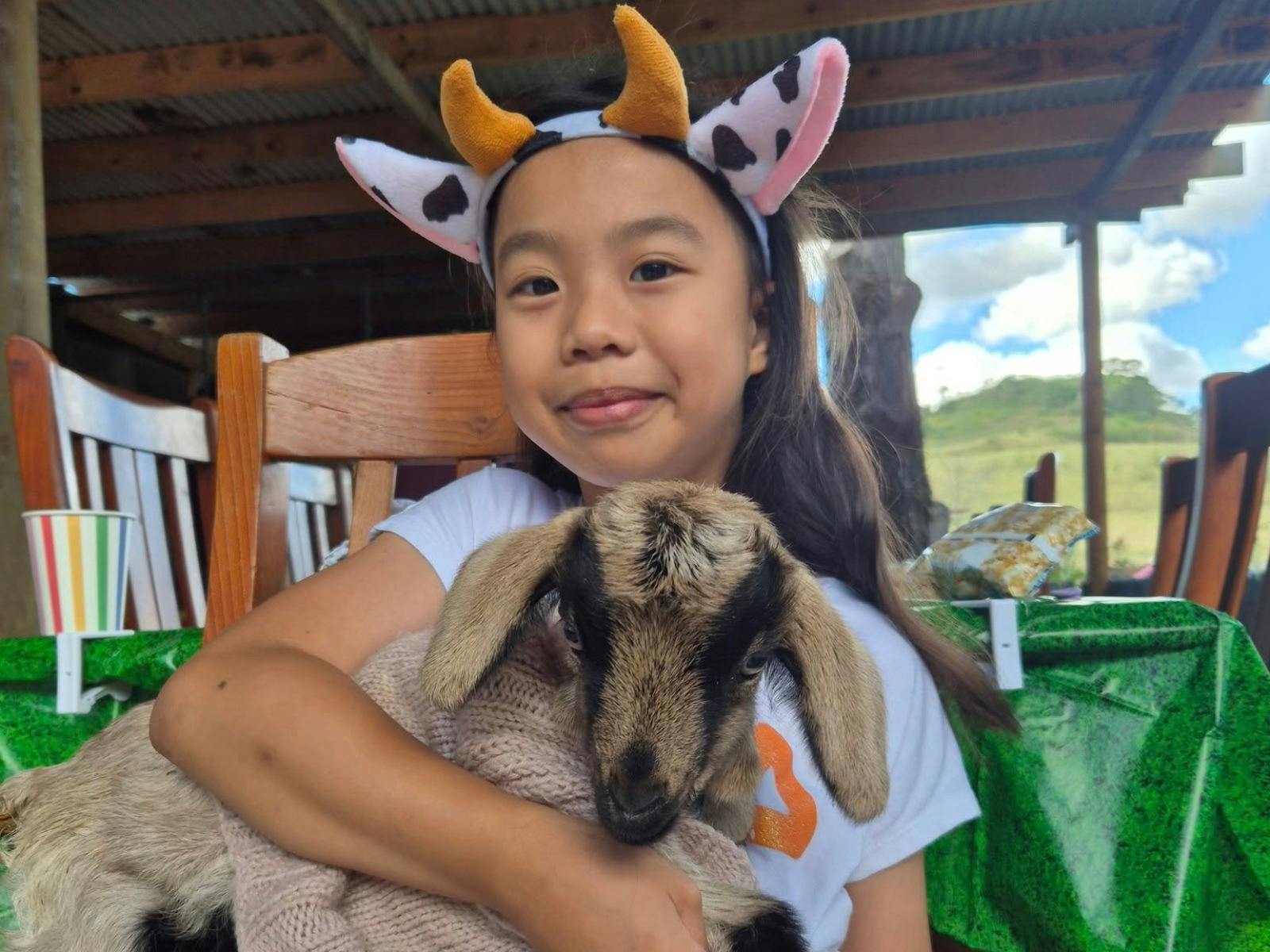 Cuddles with a miniature goat