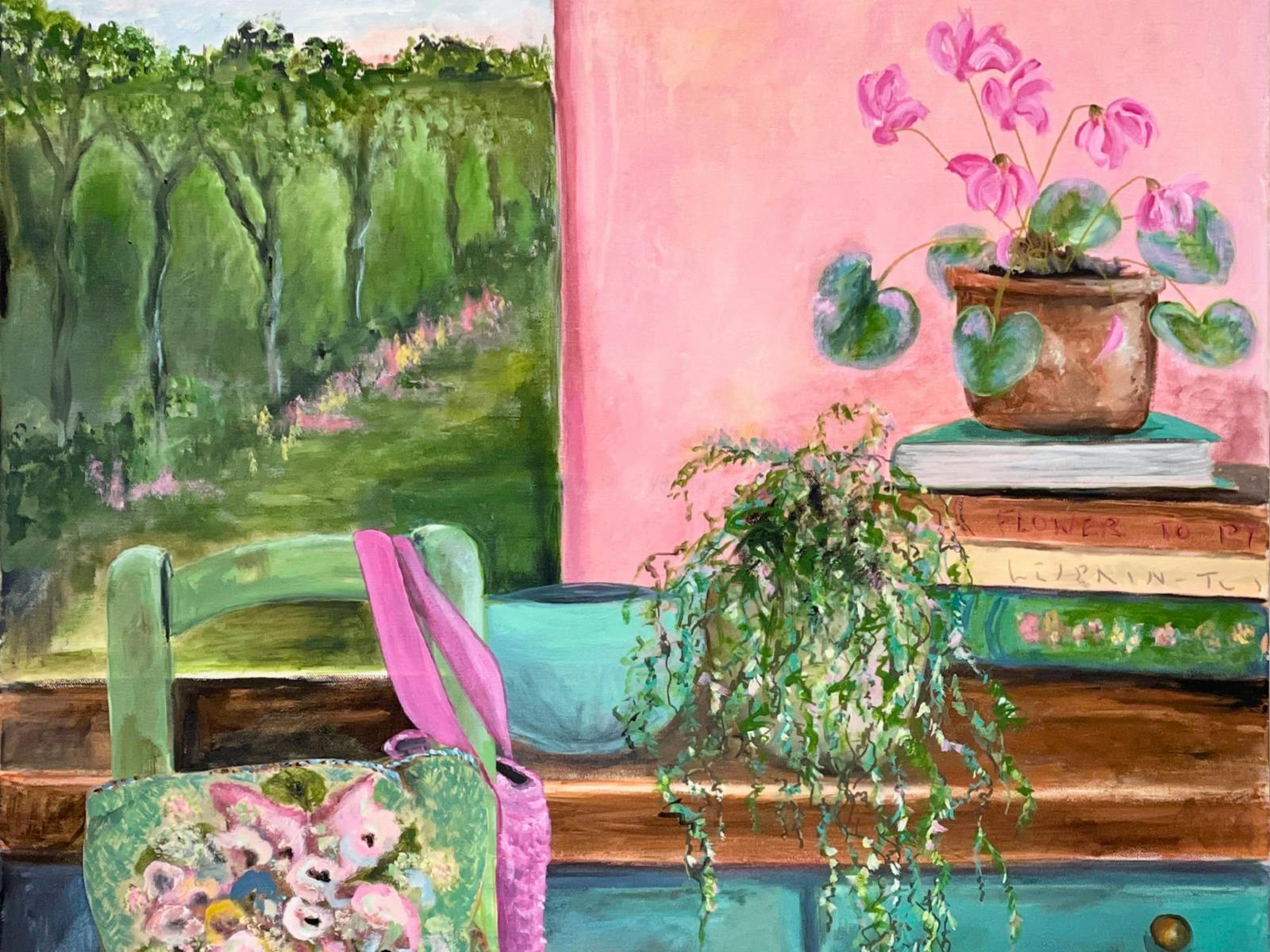 Interior painting with pink wall, chair, plants and view out the window