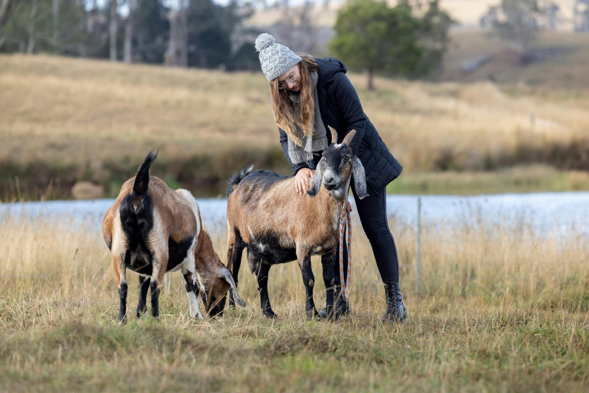 Lady patting a friendly goat