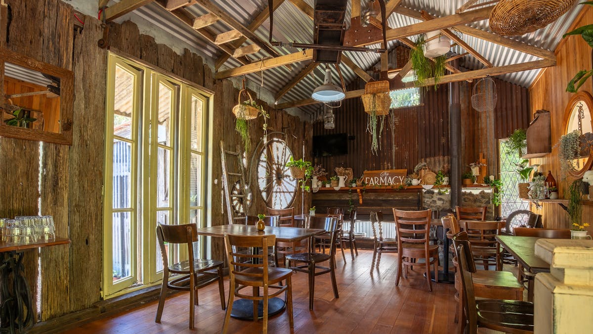 Interior of cafe, rustic cottage feeling, plants and good seating