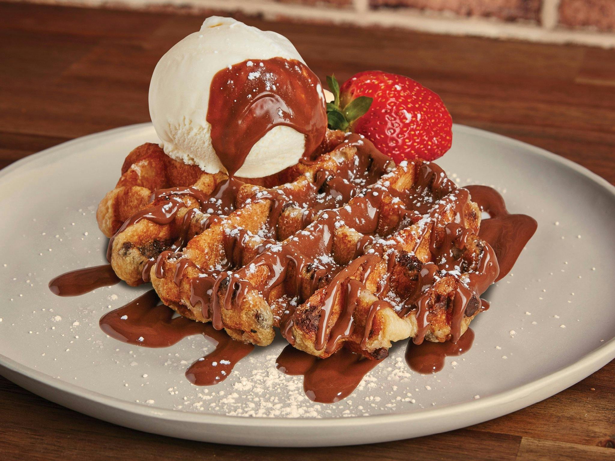 Waffles, ice cream and chocolate sauce