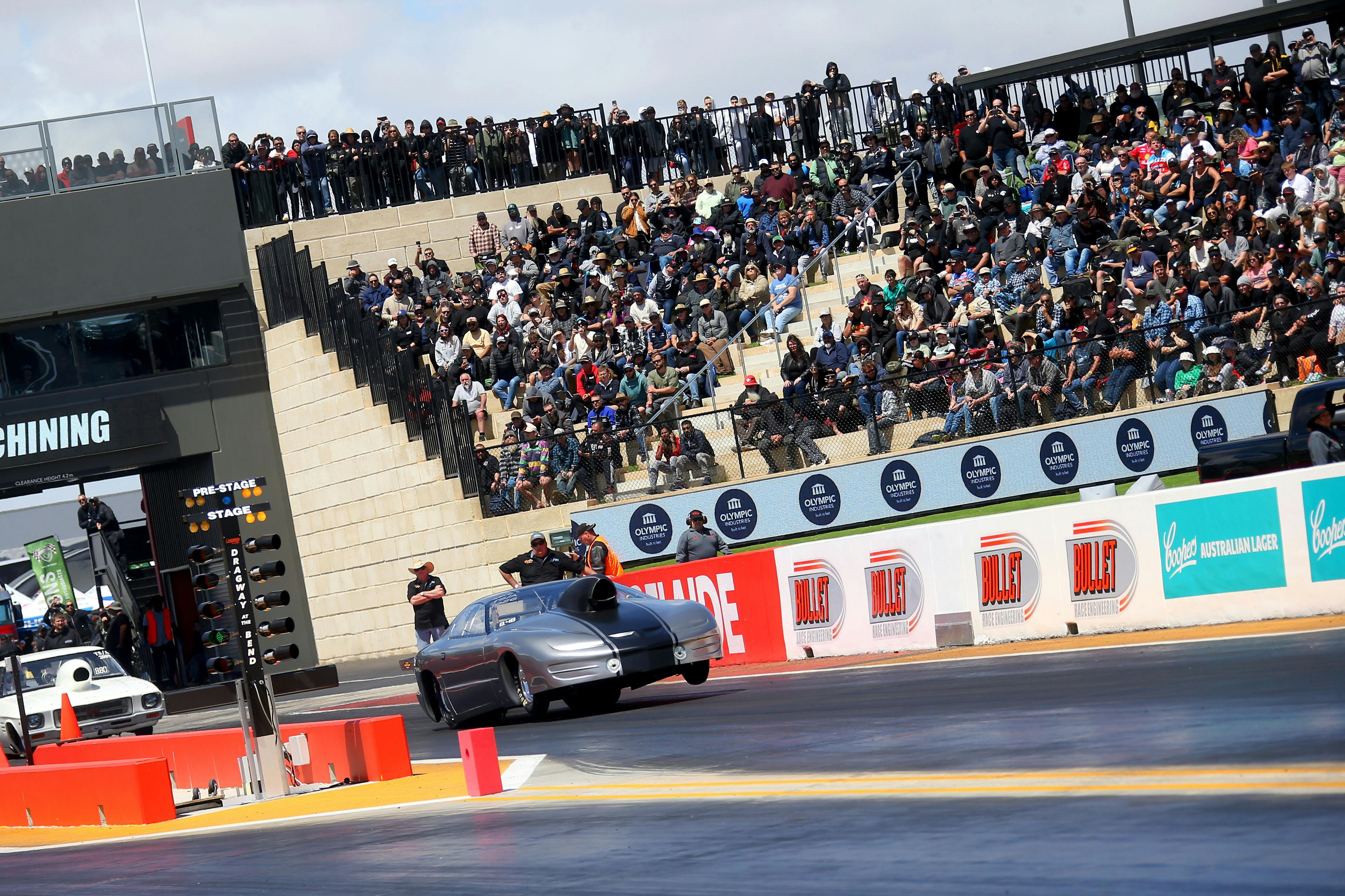 Packed grandstand at Dragway at The Bend