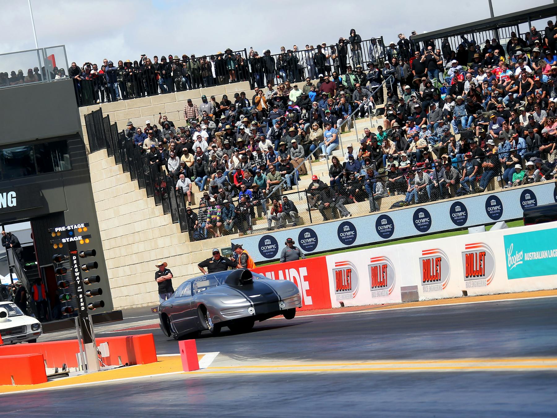 Packed grandstand at Dragway at The Bend
