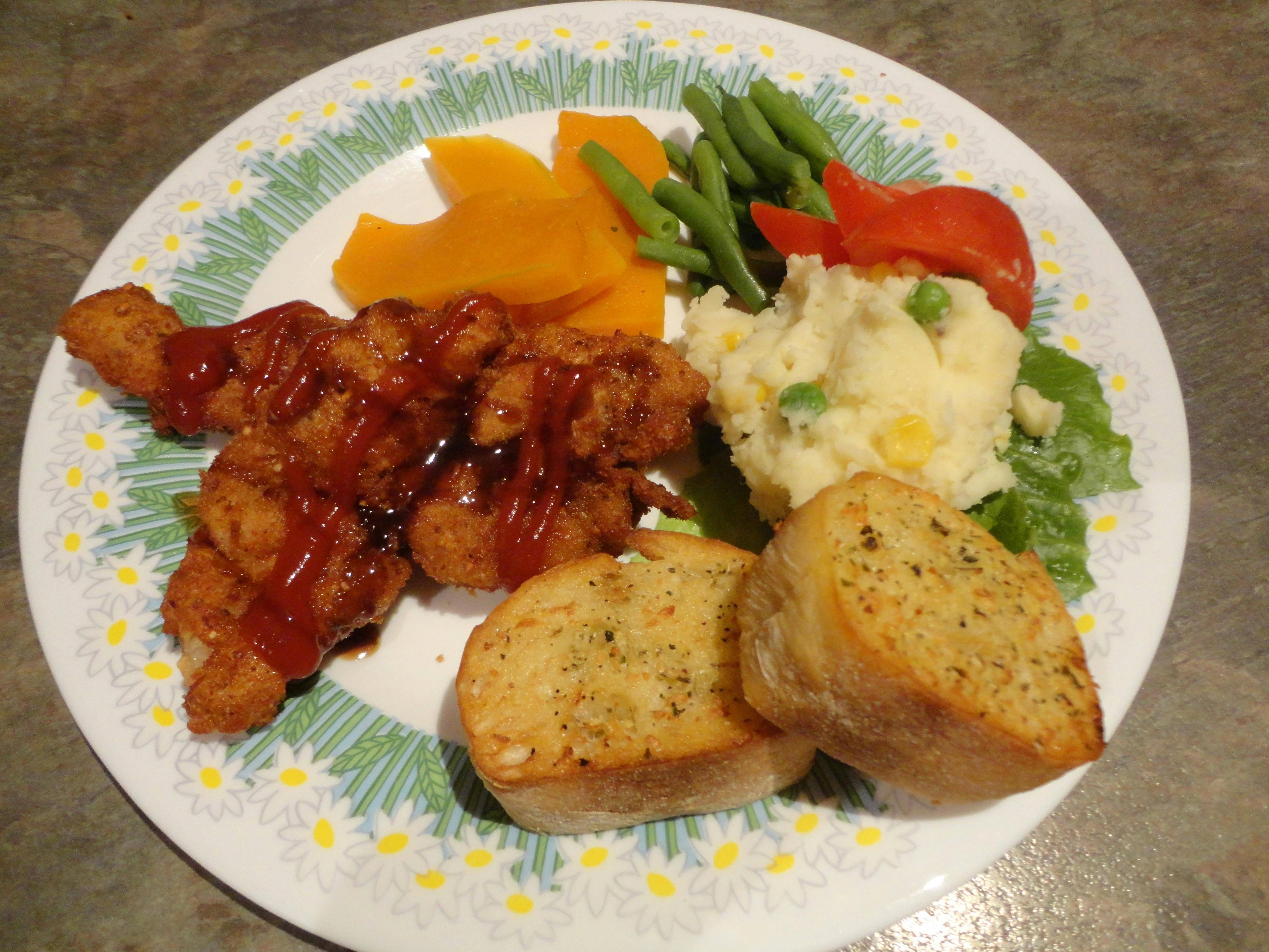 Sample dinner: Pork cutlets with cooked veg & bread