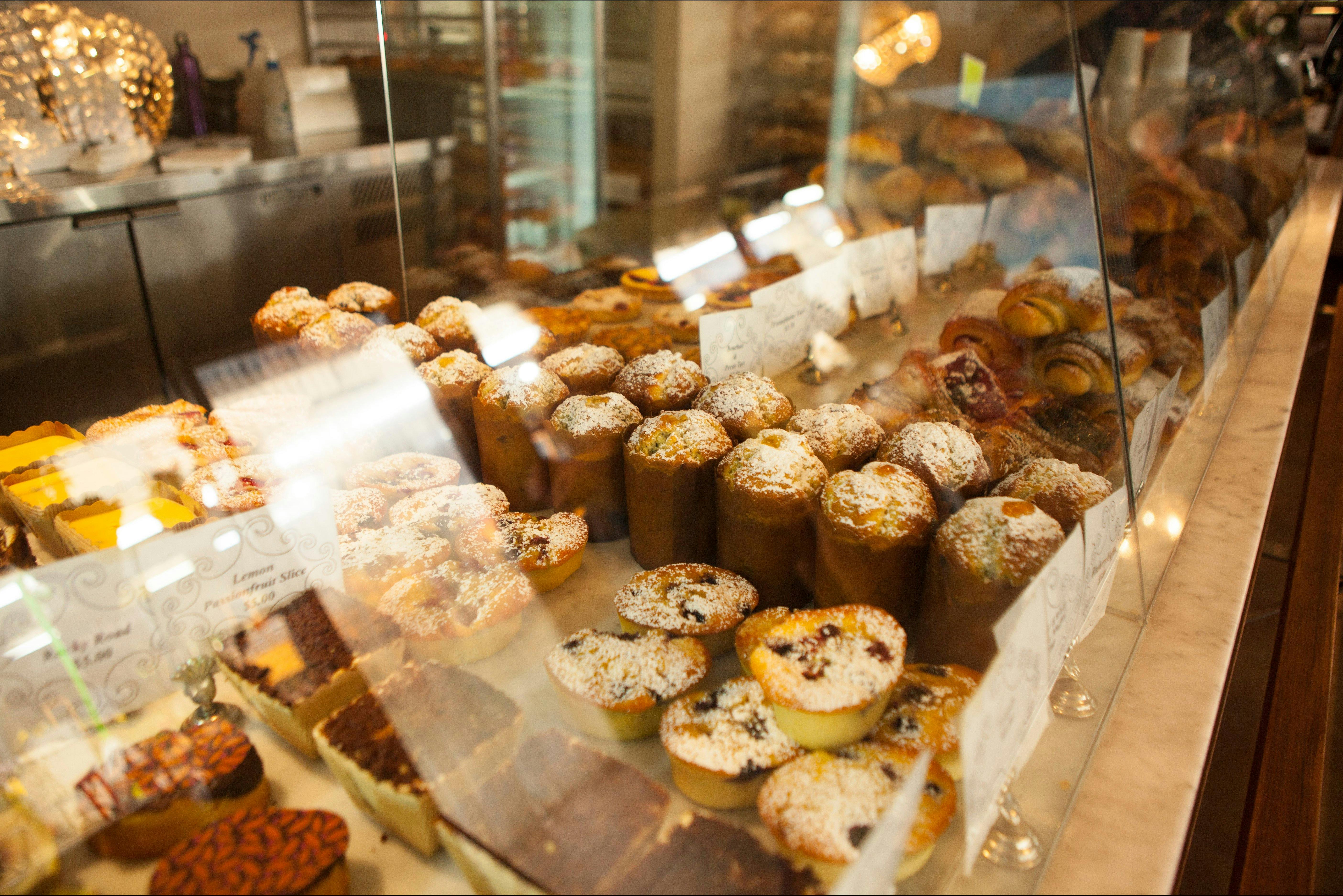 Display case of pastries and cakes