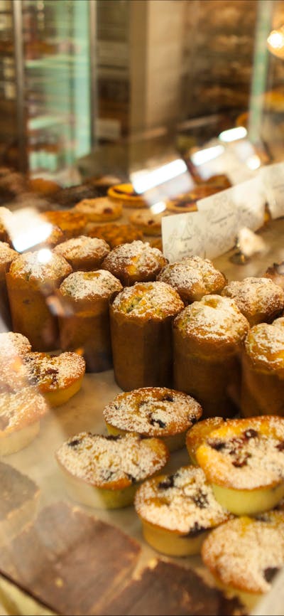 Display case of pastries and cakes