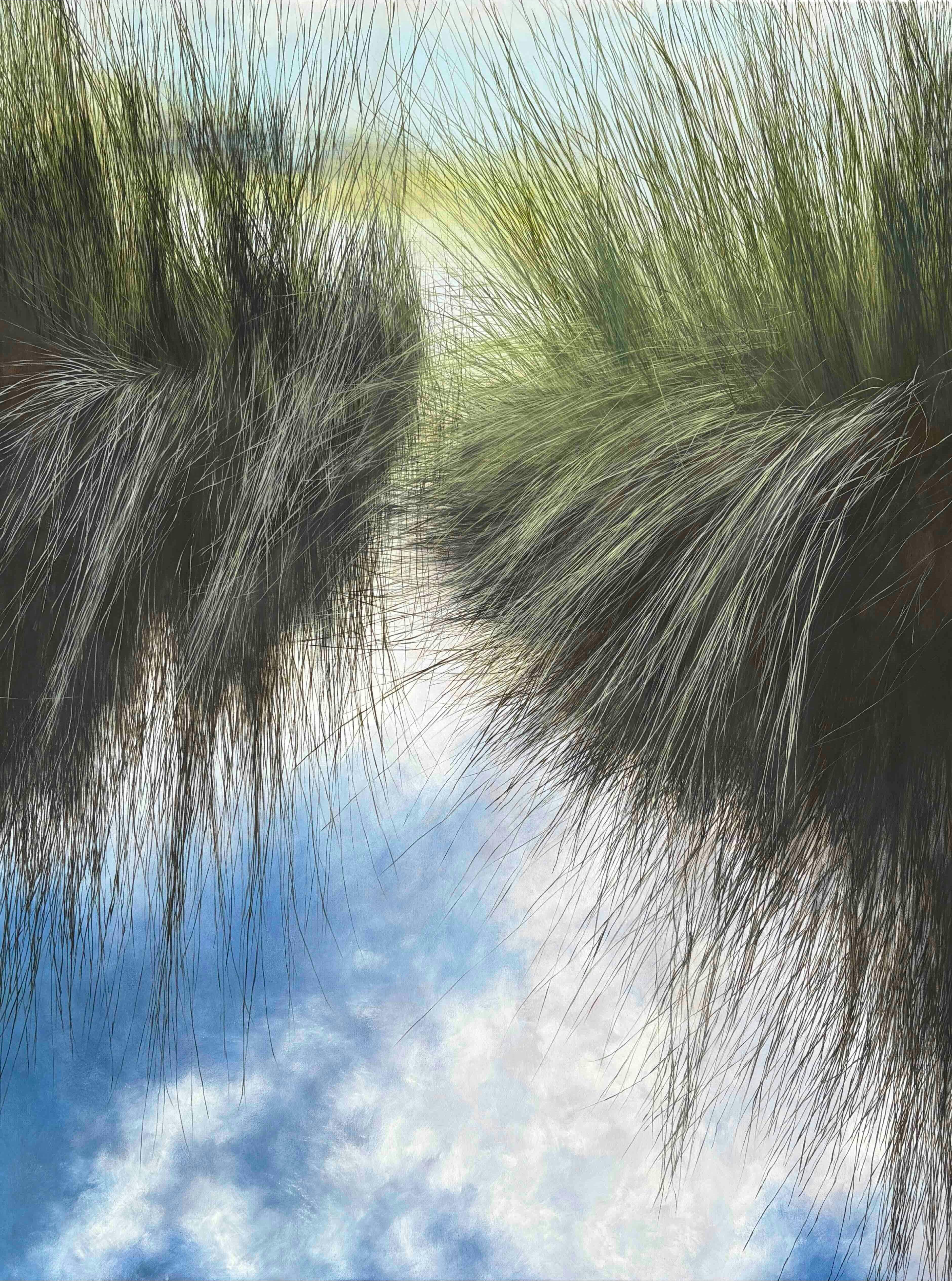 Oil painting of landscape of reeds in water by artist Corinne Loxton