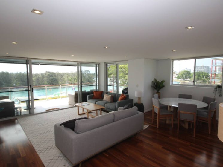 Living room with lake views