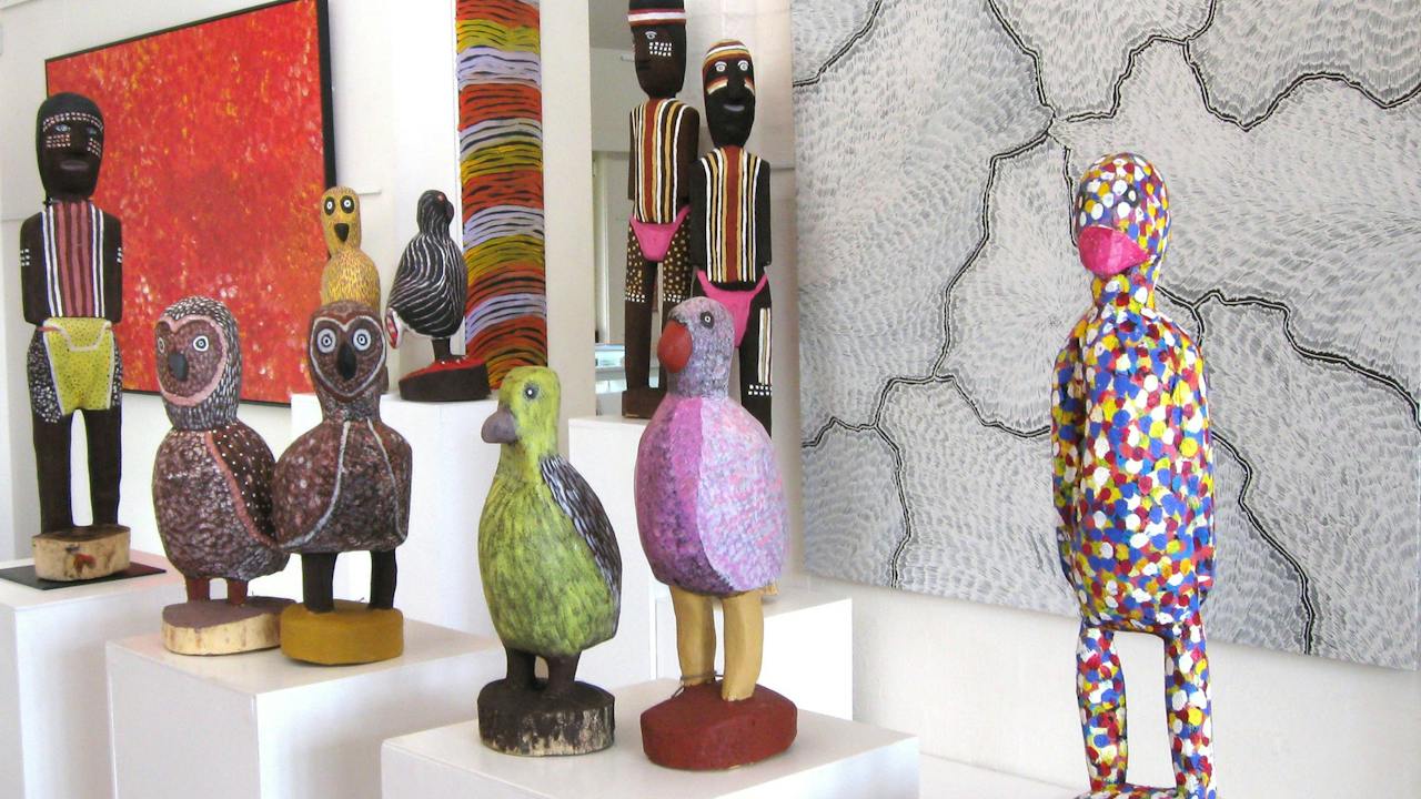Carvings by Utopia artists at Aboriginal Dreamings Gallery