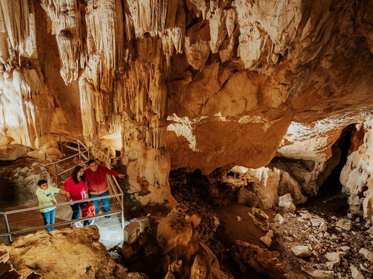 Visitors stand beneath impressive stalactites in Fig Tree Cave. Credit: Remy Brand/DPE &copy; Remy