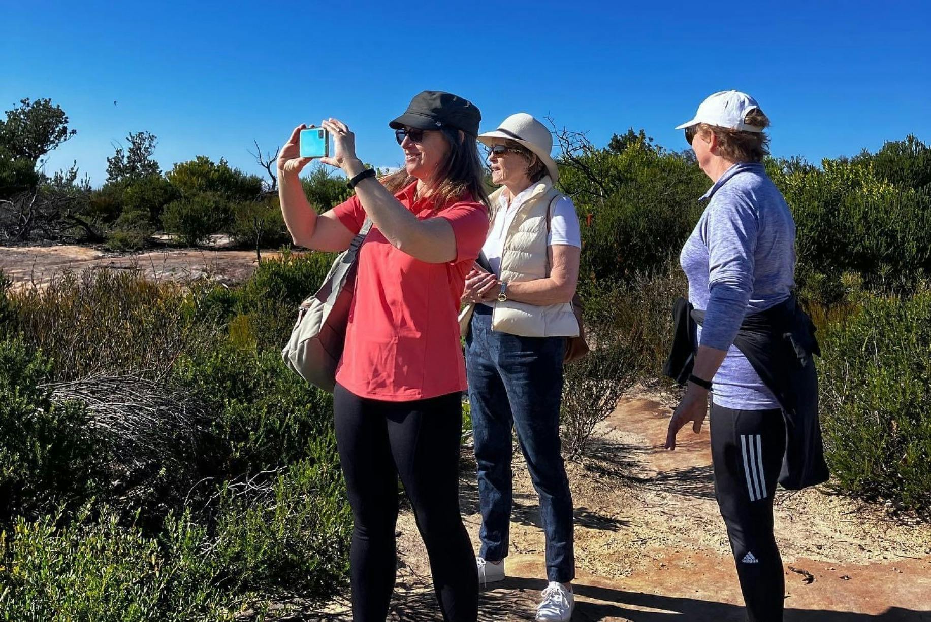 カメラを持って景色を眺める3人の女性