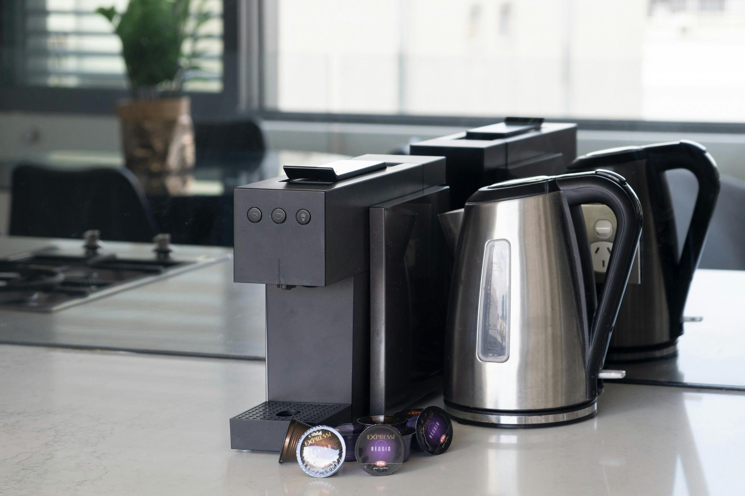 Coffee machine and kettle setup for a relaxing morning.