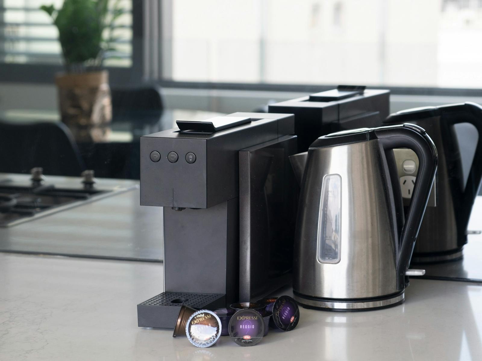 Coffee machine and kettle setup for a relaxing morning.