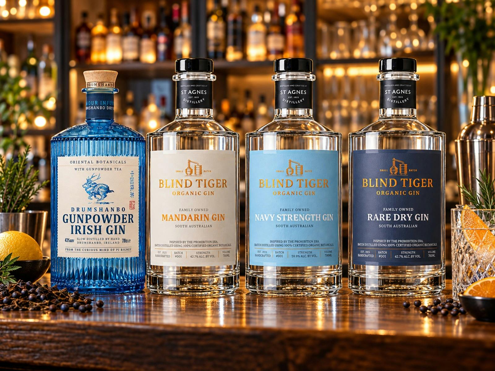 Four bottles of gin displayed on a bar
