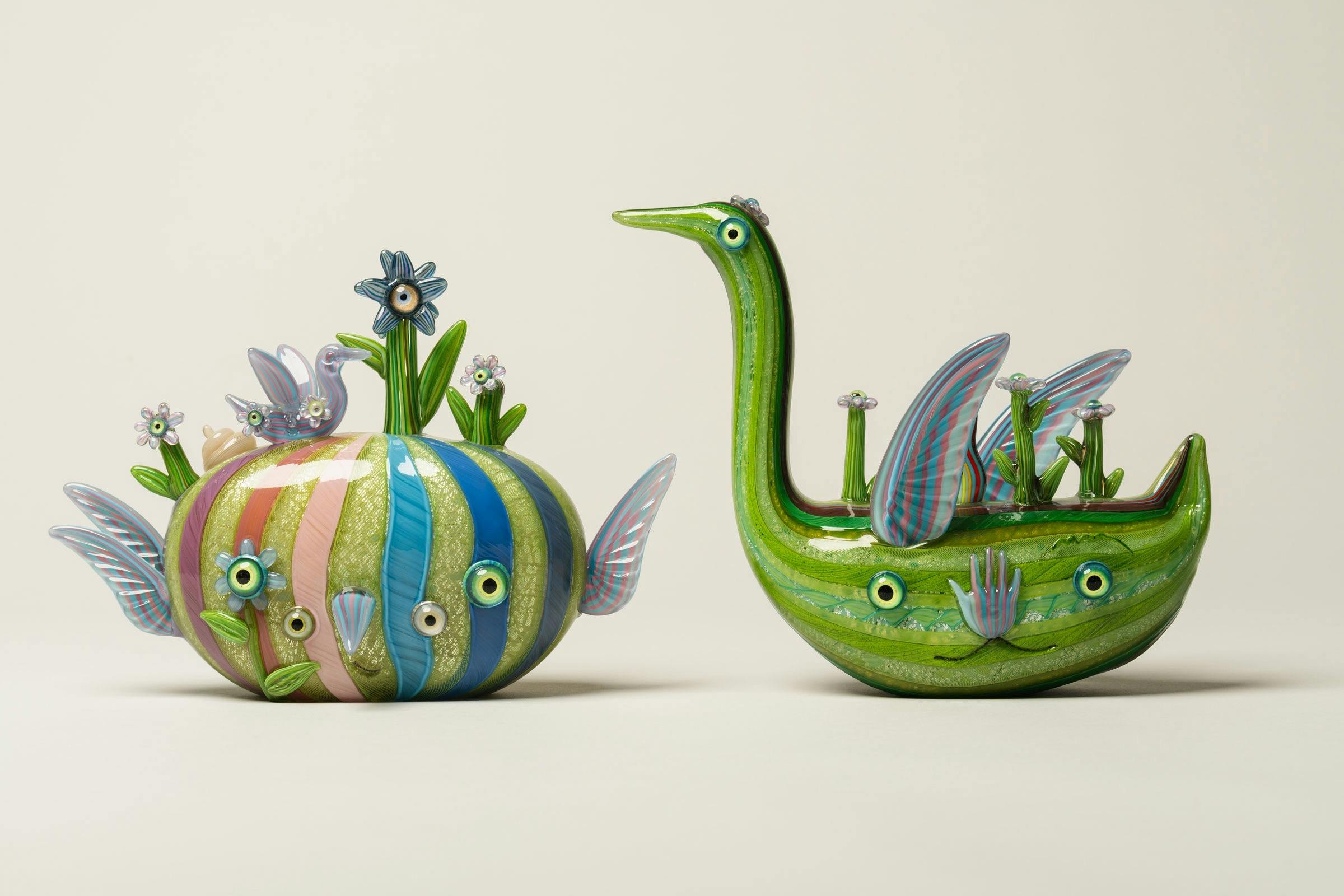 Sunshower Owl and Fernydel, hot joined blown and solid glass by Tom Moore