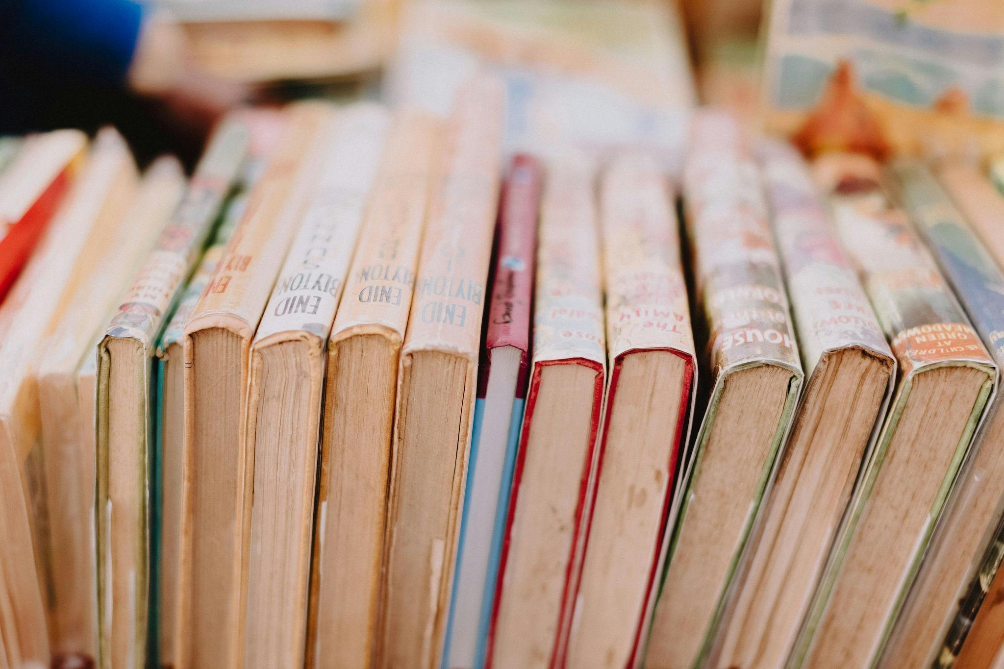 A stacks of books, lined up next to each other.