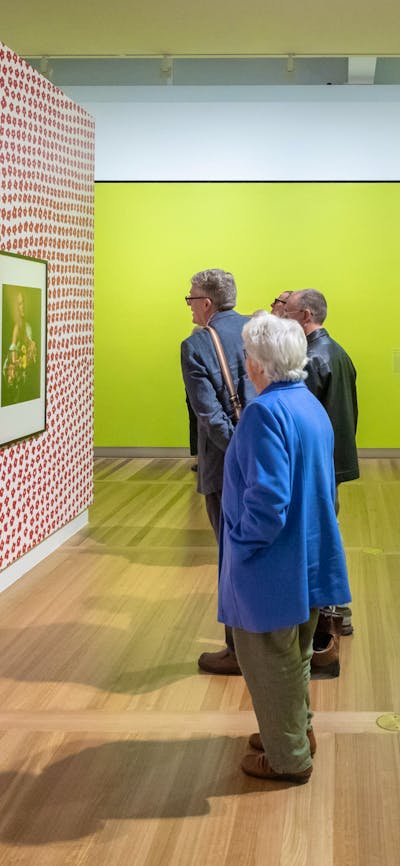 Visitors browse a vibrant gallery space, featuring botanical-themed portraits by Australian artists.