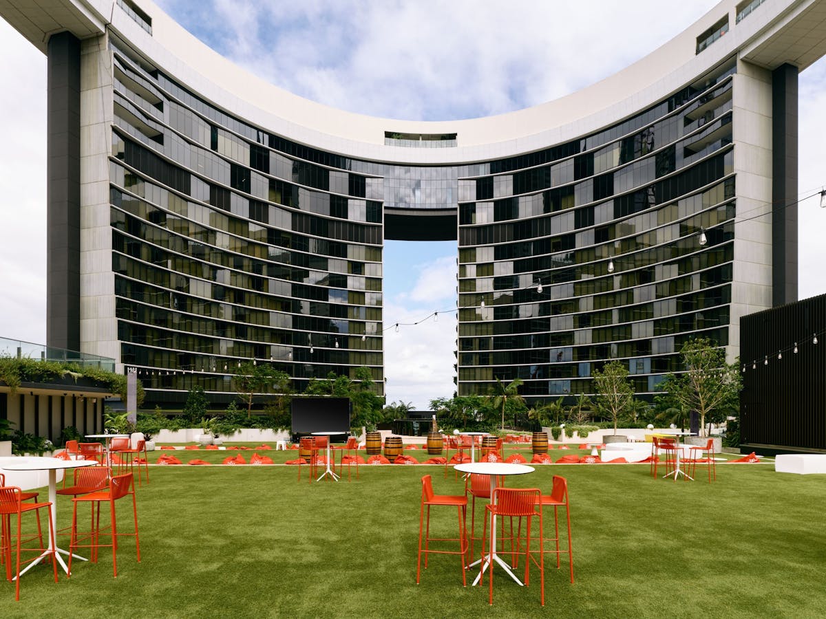The Star Brisbane's outdoor Leisure Deck, with the hotel in the background