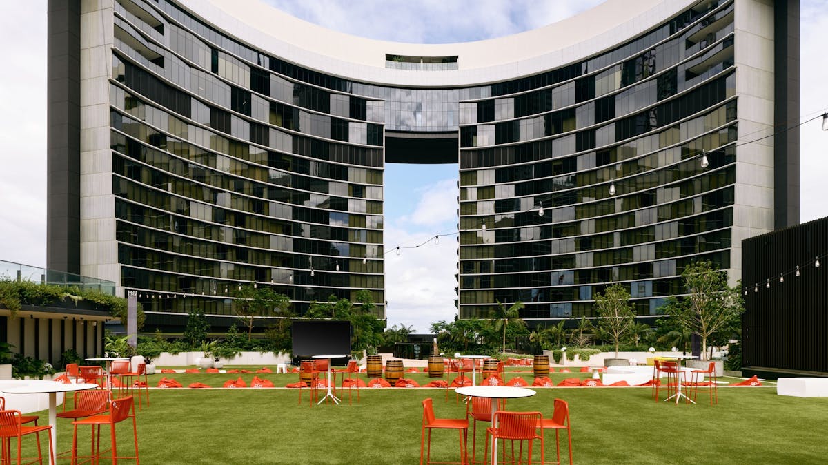 The Star Brisbane's outdoor Leisure Deck, with the hotel in the background