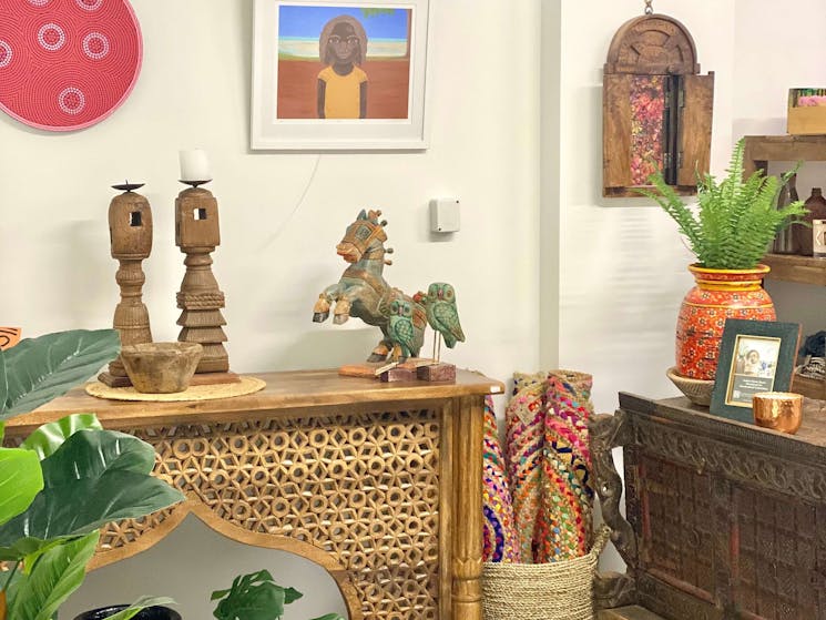 Interiors of KDTY Gallery with Indian home decor and Aboriginal Art