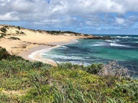 Scenic view of Little Dip Conservation Park, showcasing coastal vegetation, sandy shores, and blue w