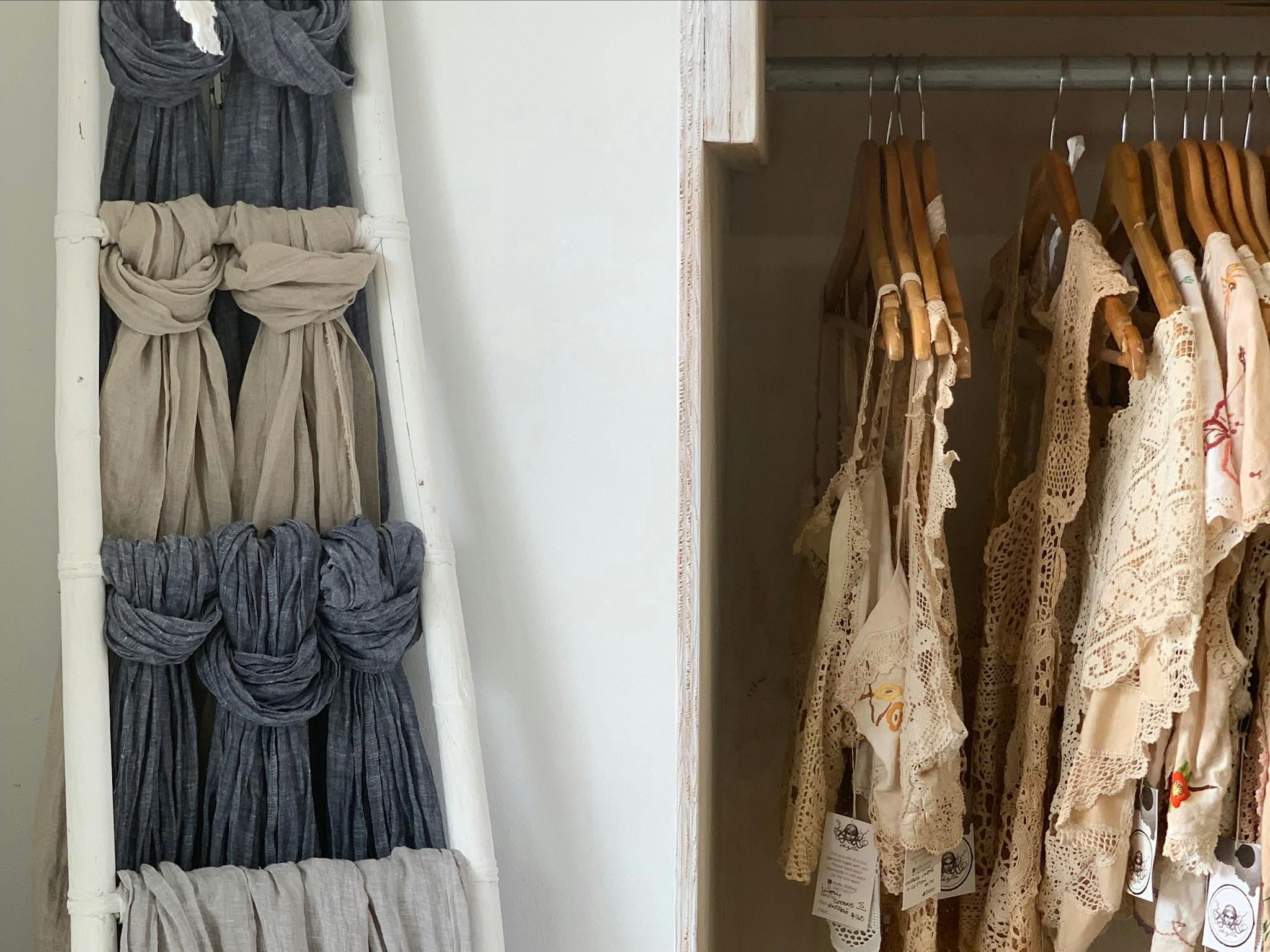 Slow French linen scarves & upcycled doily tops