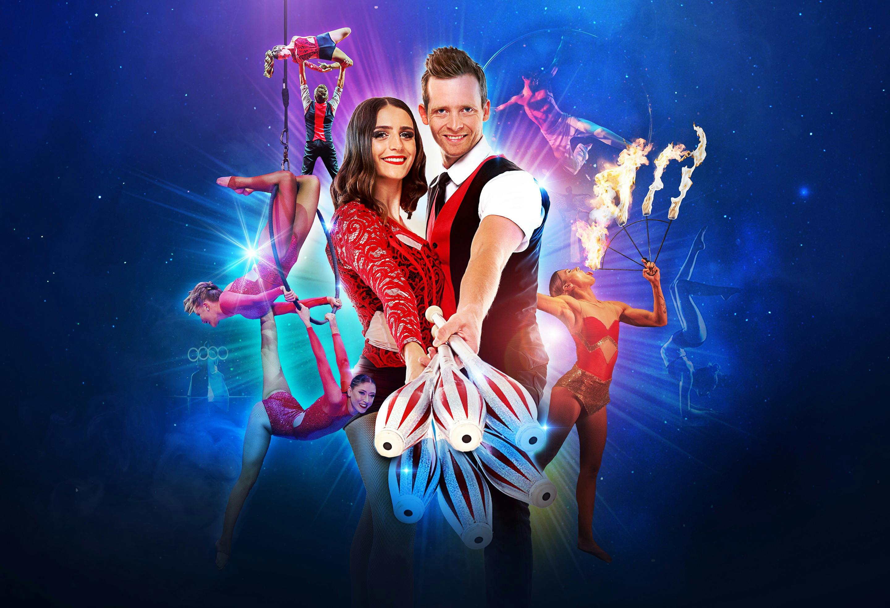 Cirque Nouvelle talents posing and performing acrobatics and circus acts.
