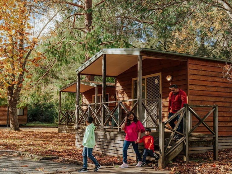 A family group set out for a day of exploring from their accommodation at Wombeyan Caves cabins.