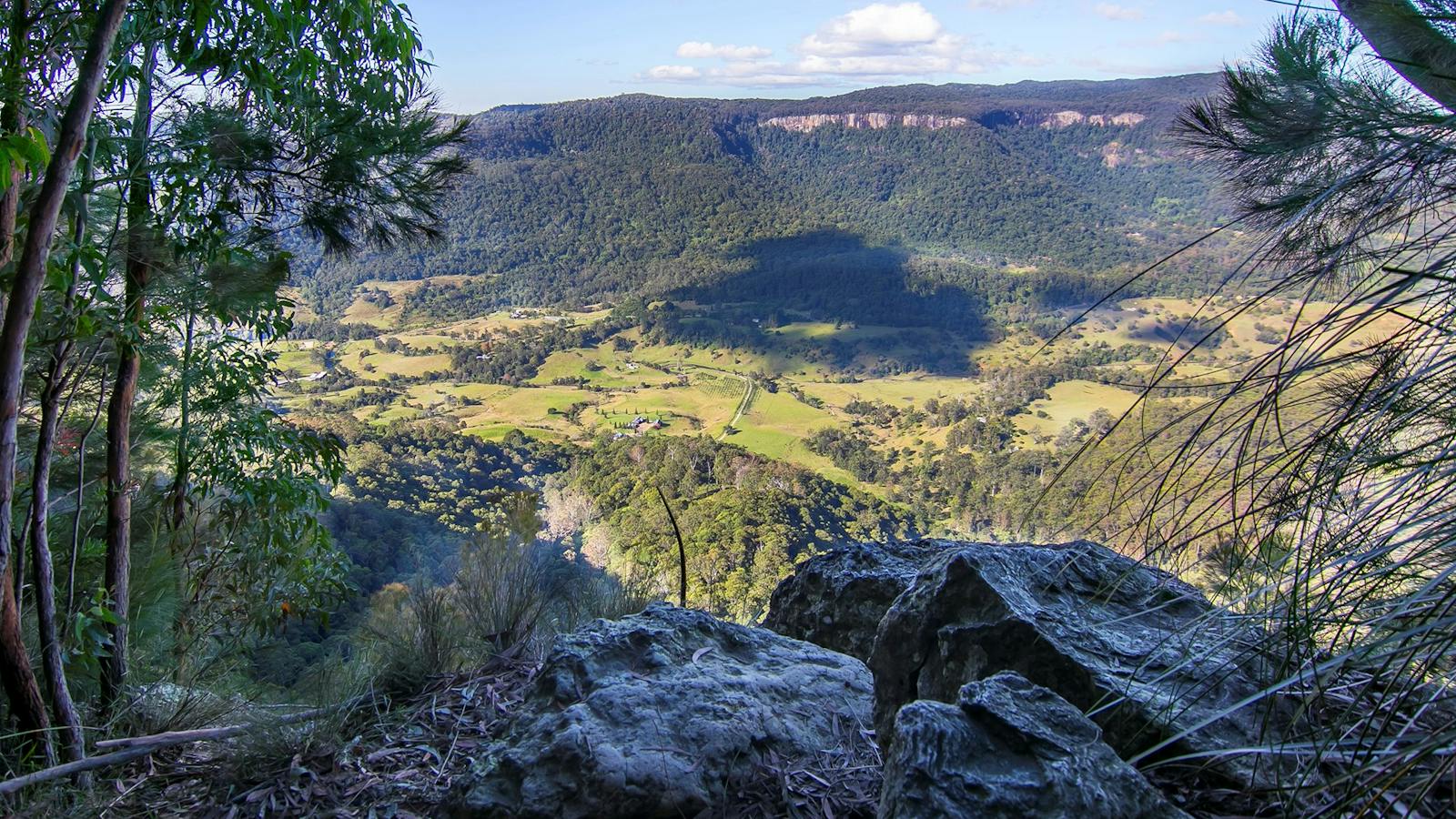 Views of valley, farmland and mountains.