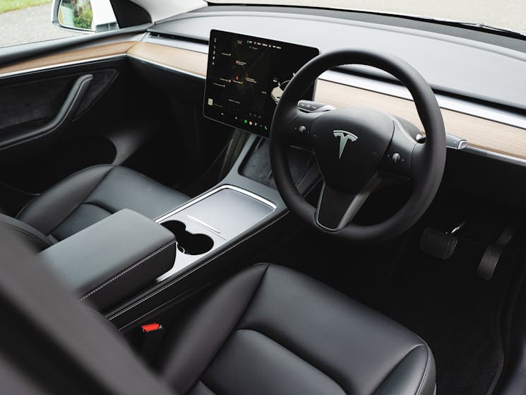 Front seat and dash of Tesla Model Y