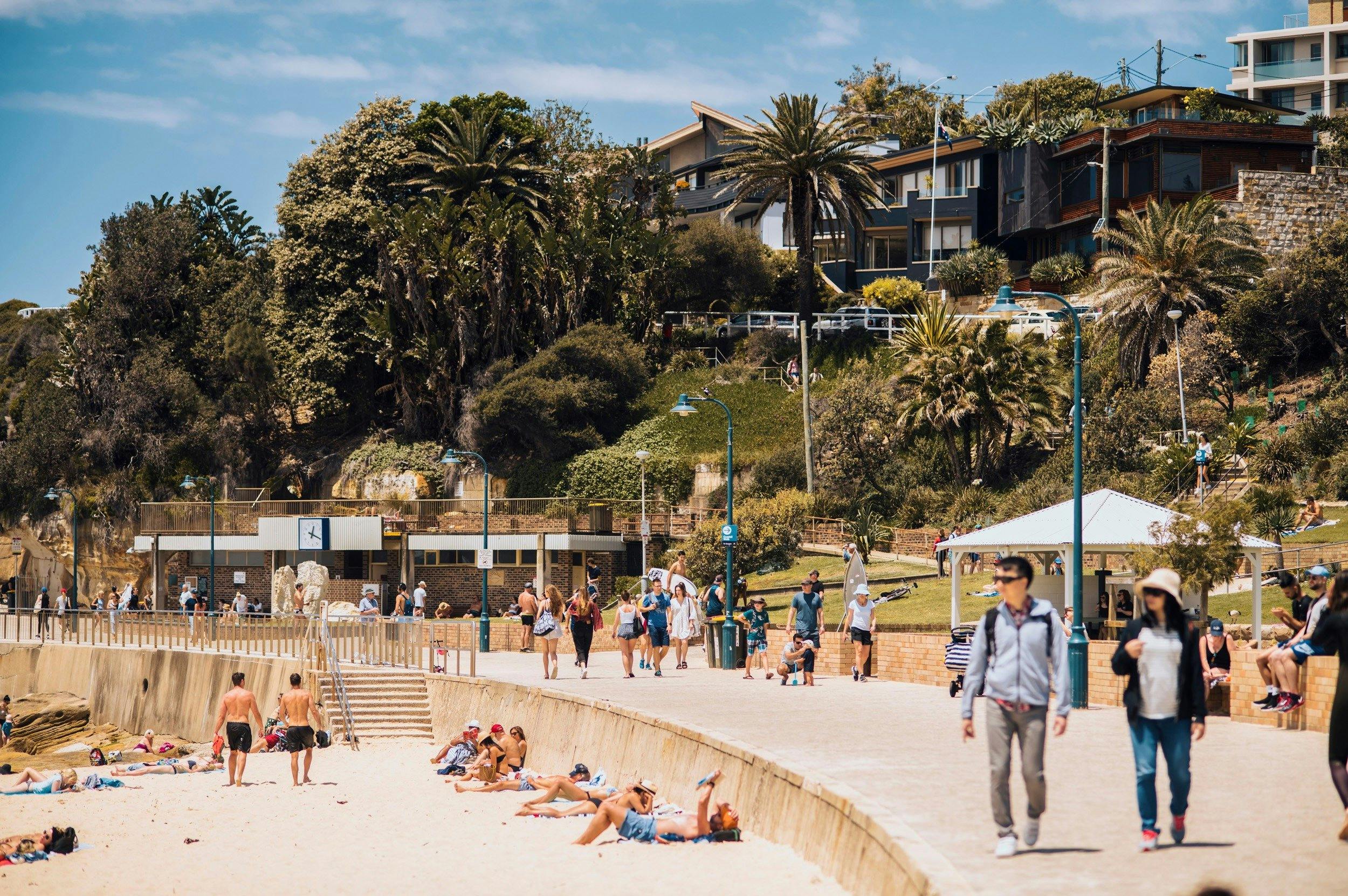 Visitors enjoying a summer's day at Bronte Beach, Sydney