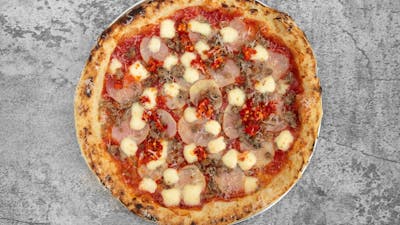 San Marzano Tomatoes, Fior de latte, Italian sausage, Potato, Rosemary, finish with Spicy Hot Pepper