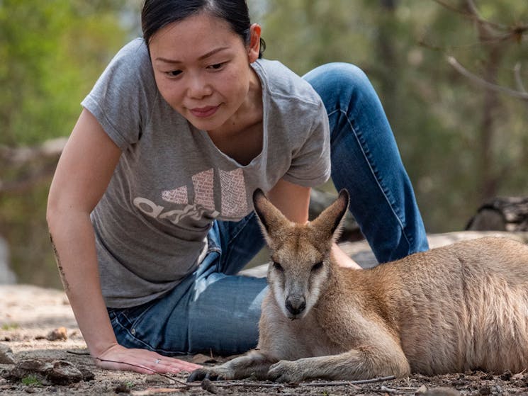 Woman sitting with kangaroo