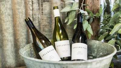 Three bottles of wine chill in a rustic bucket against a corrugated iron wall.