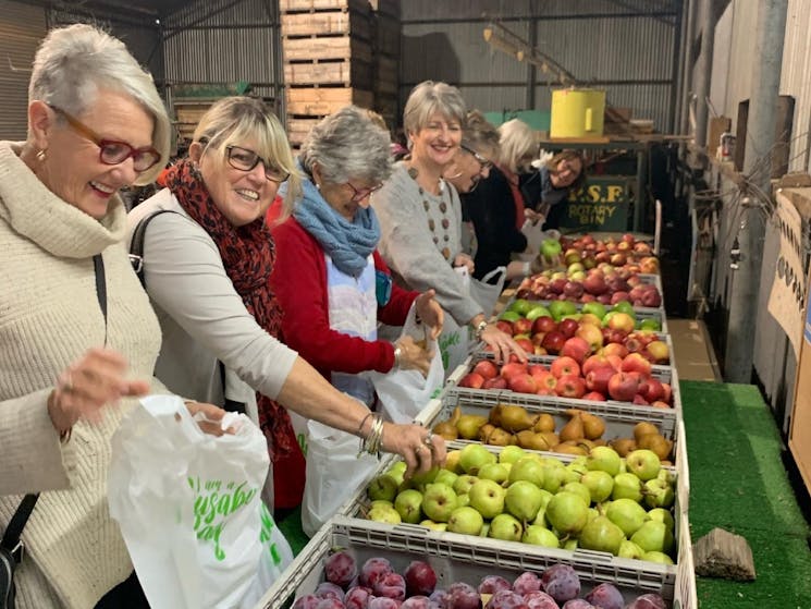 ladies buying apples at farm gate shop