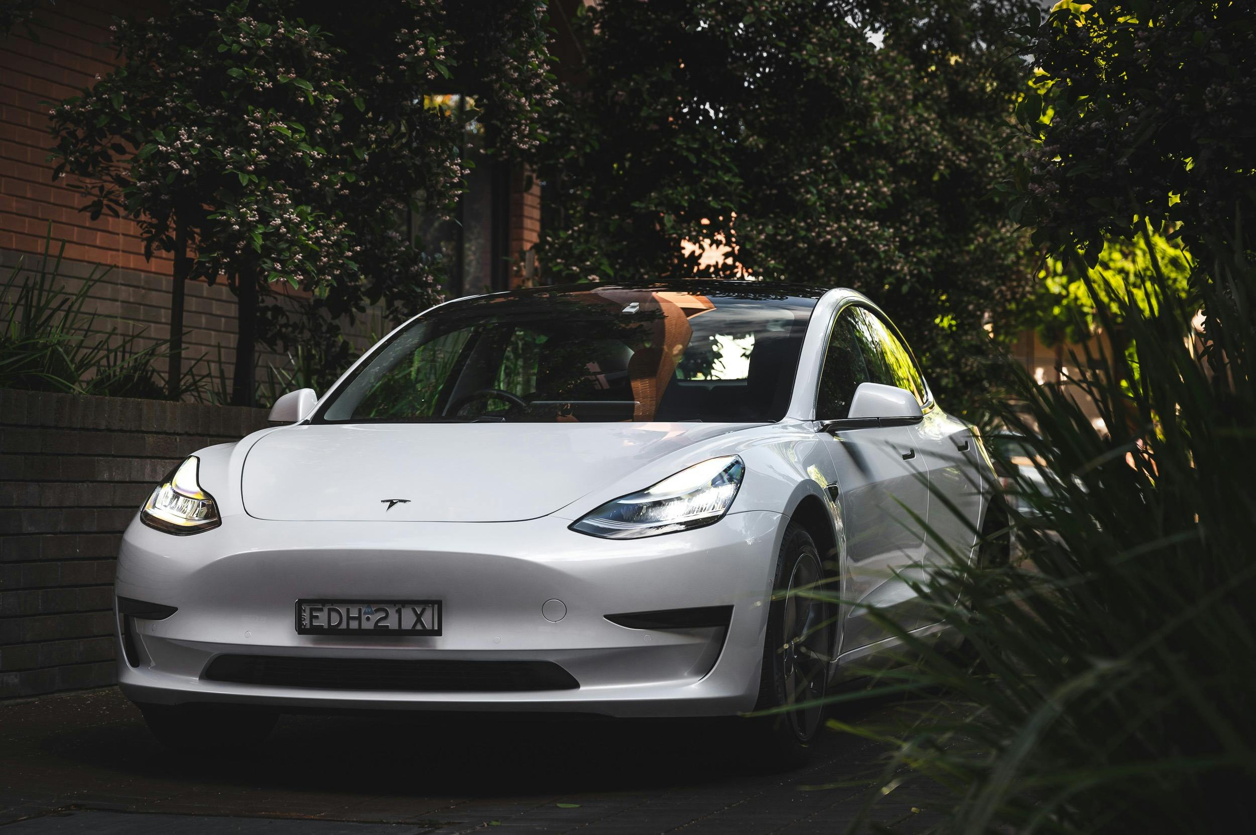 a white tesla parked with trees around waiting to be hired
