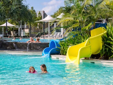 Heated pools and waterslides