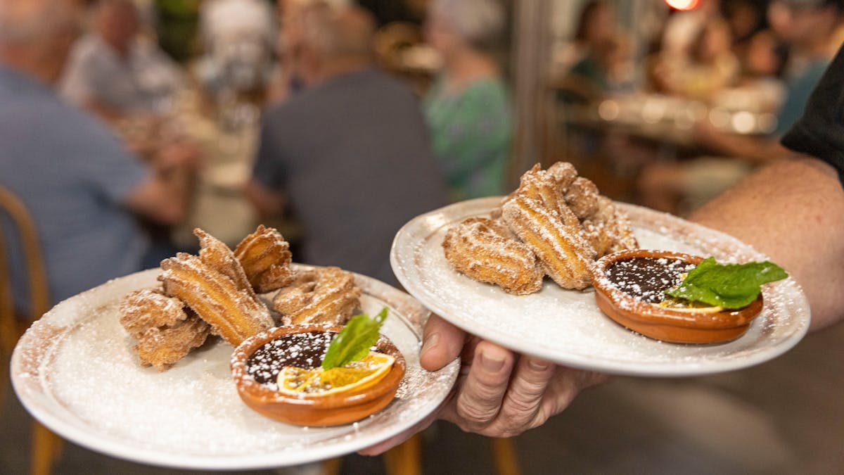 Churros with chocolate being served at Seabean Tapas Bar Restaurant, Port Douglas, Tropical Nth Qld