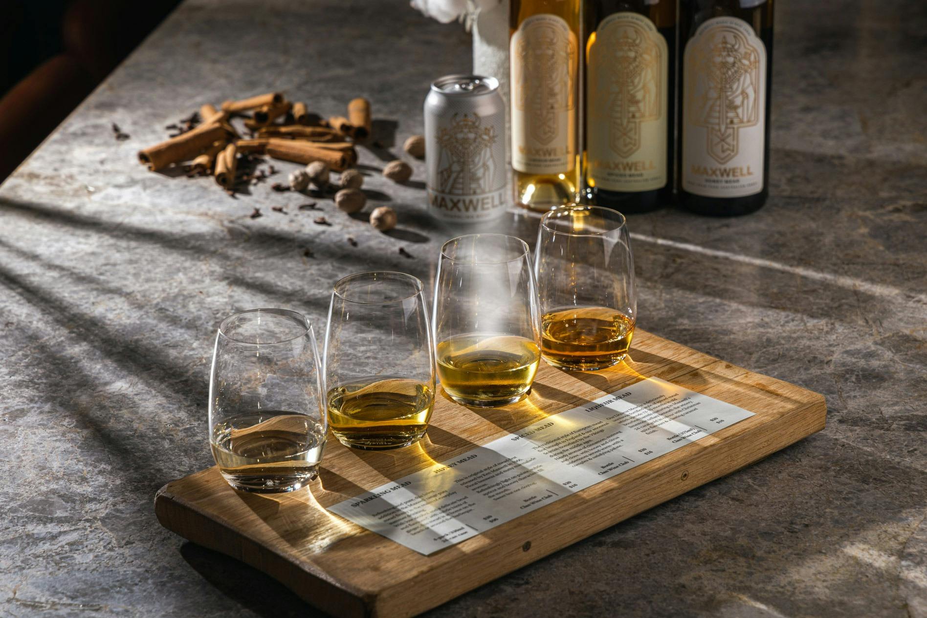 Mead Tasting Experience with four meads on a paddle