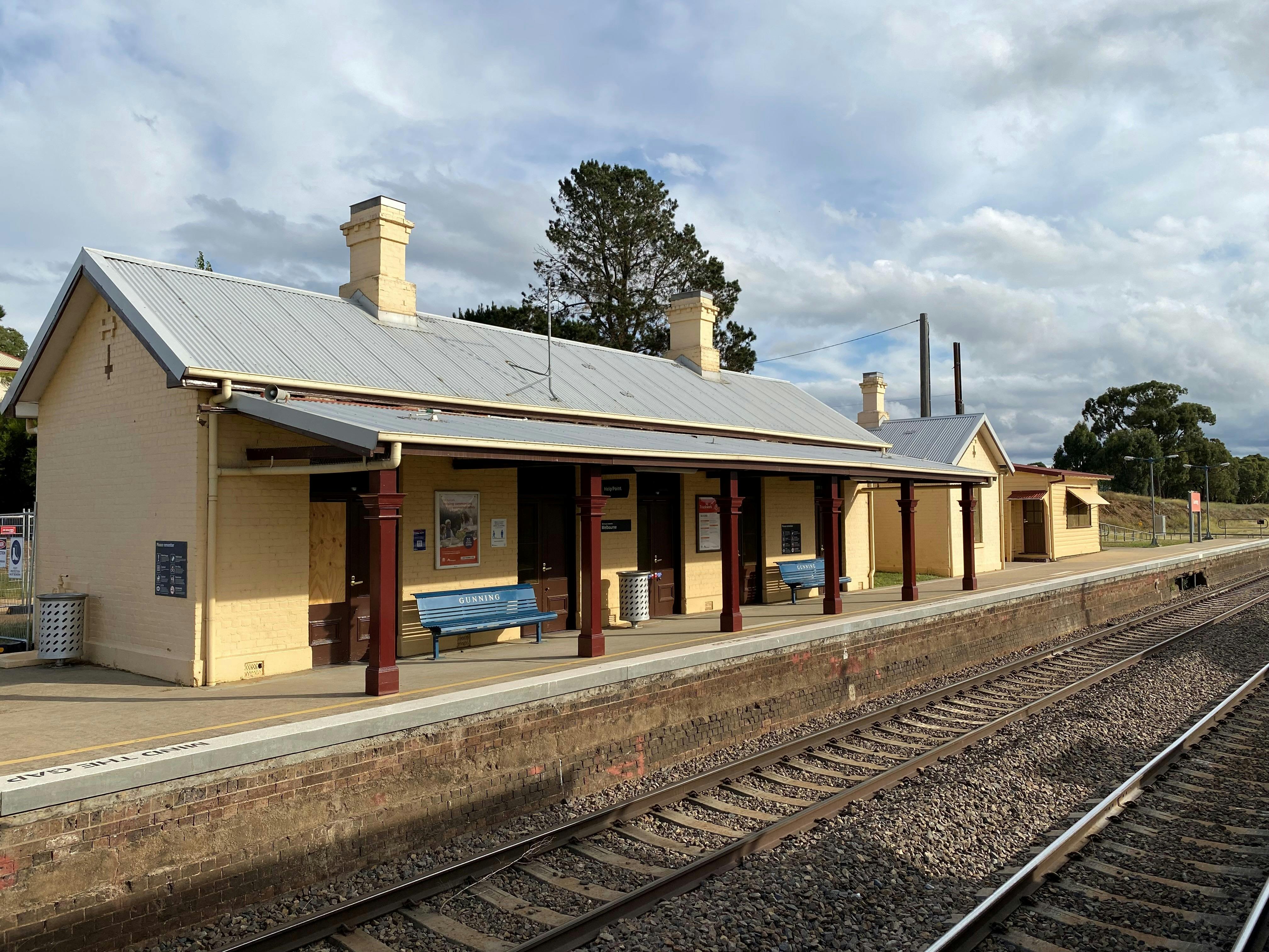 looking at the restored station buildings from the north looking back across the train lines