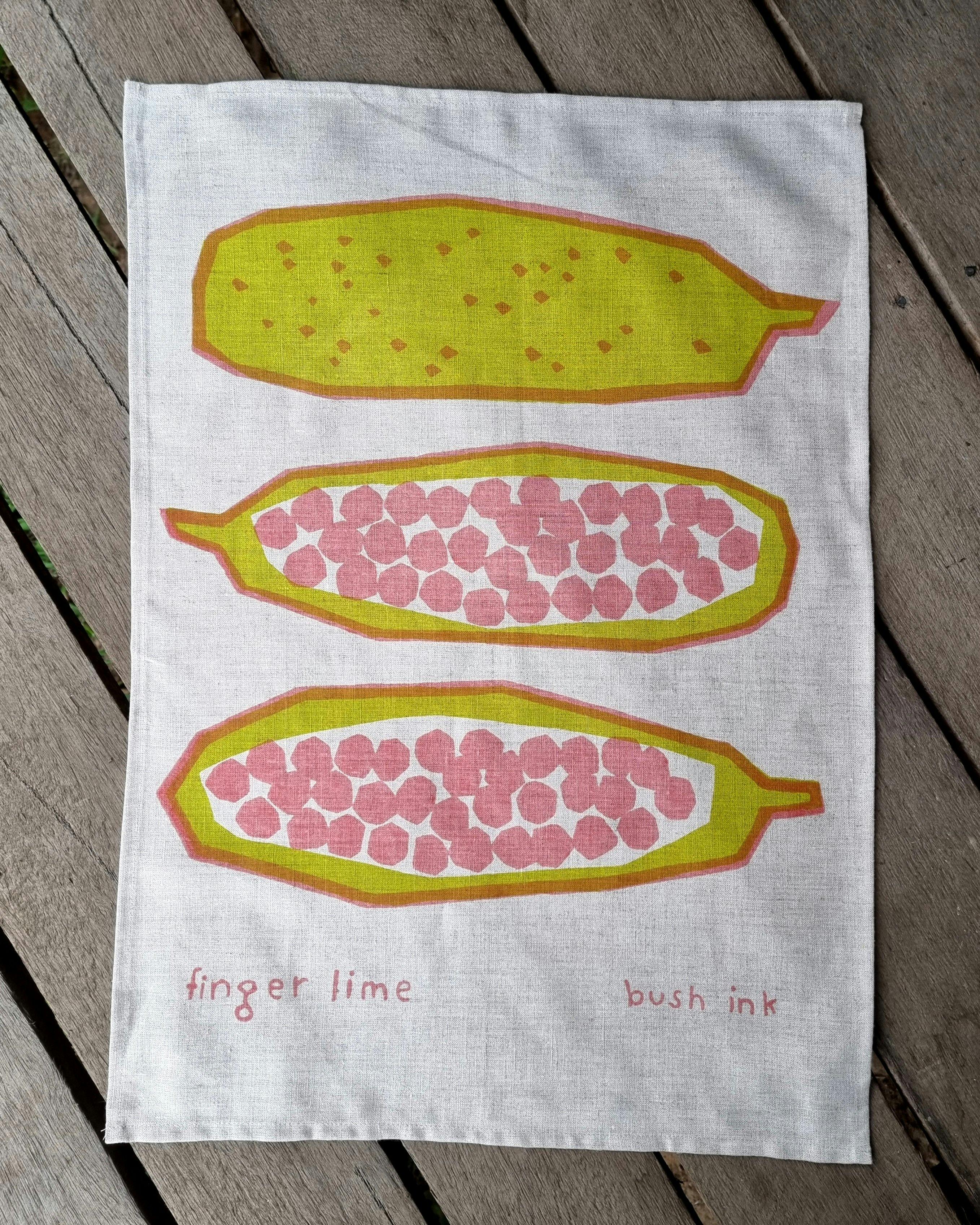 Abstract screen print of finger limes on linen tea towel.