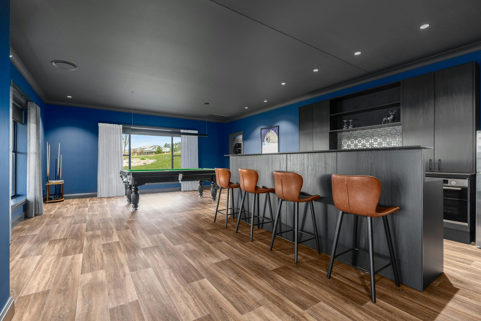 Open kitchen and dining space with pool table
