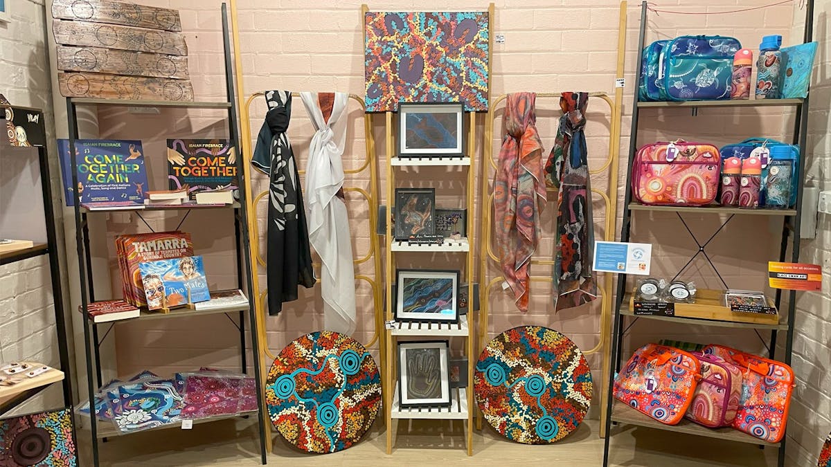 Indigenous artworks, books, scarves and bags